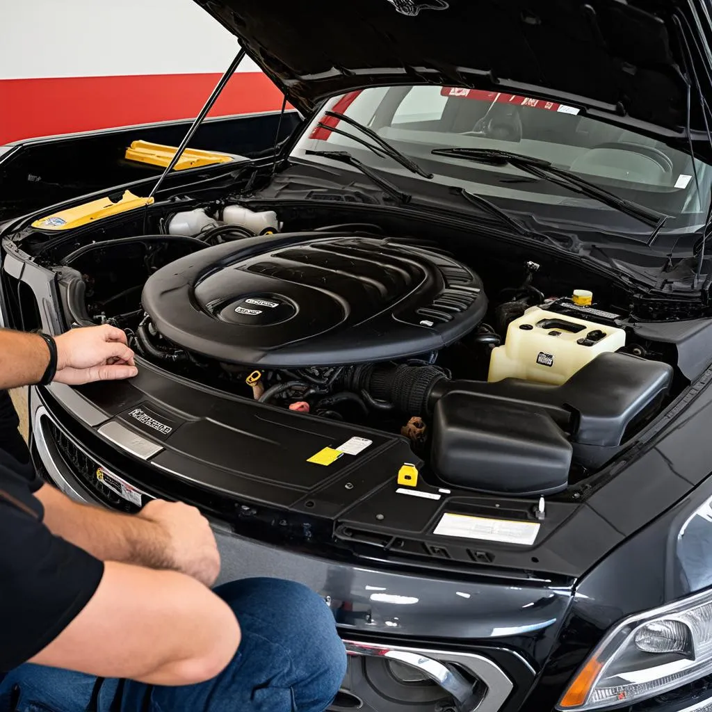 Dodge Durango with the hood open, showing the engine and a mechanic inspecting it